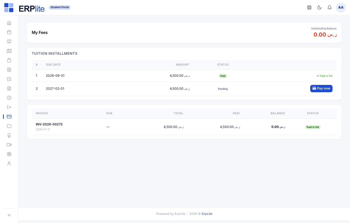 Student portal › My Fees · Admin: Tuition Installments